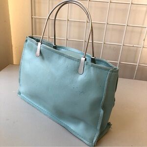 Vintage Handbag Blue Faux Leather Silver Handle Purse